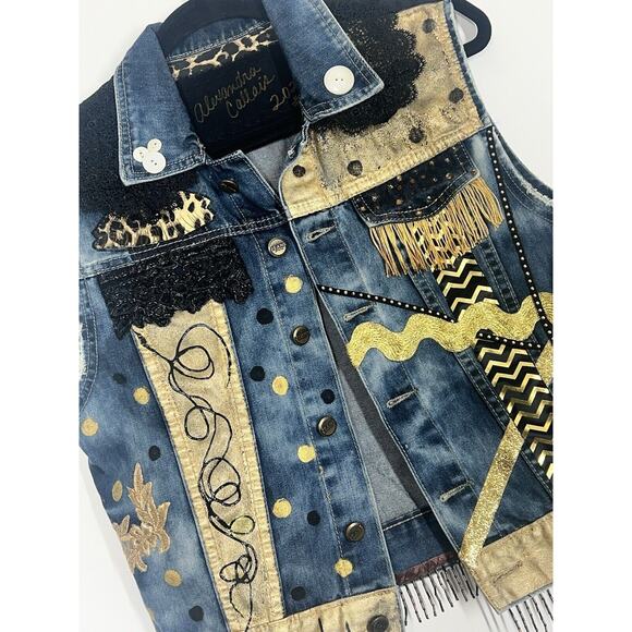 New Orleans Saints Fan Upcycled Denim Jacket Bling Handmade Designer Original - Picture 2 of 6